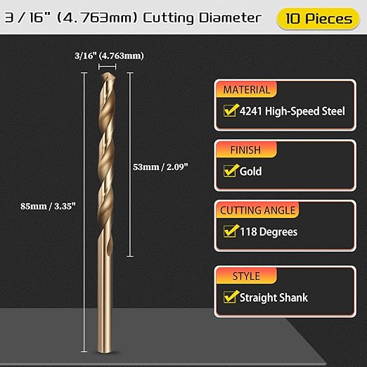 Drill Bit, 3/16" Cutting Diameter (4.763mm), 4241 HSS Gold 118° Cutting Angle Versatile Jobber Bits - (Applications: for Drilling Plastic Wood Soft Thin Metal), 10-Pieces