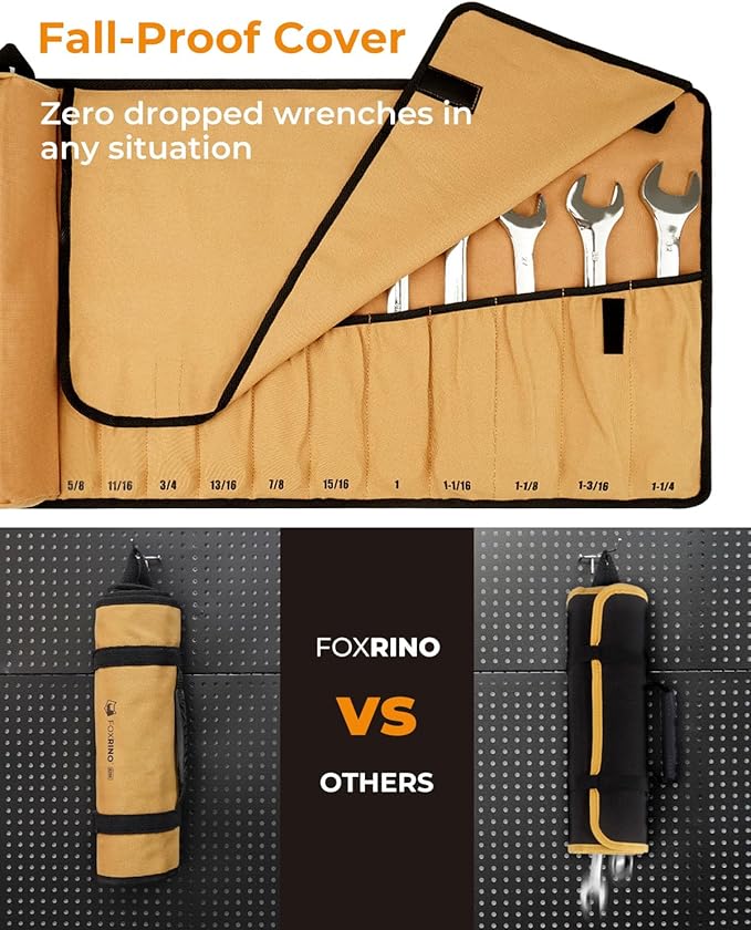Wrench Roll, Wrench Roll Up Pouch, Gifts for Men Father Dad Mechanic, Heavy Duty Canvas Wrench Organizer Bag (Brown, 17+1 SAE)