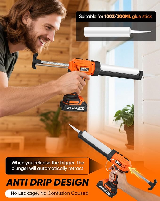 Saker Electric Caulking Gun Cordless Caulk Gun Drip-free with Silicone Caulking Tools 4 Adjustable Speeds with LED Light for Filling, Sealing 1 Batteries