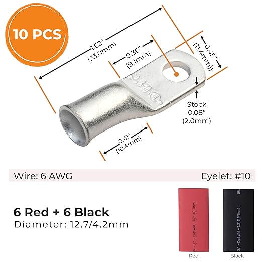 SELTERM 10pcs - 6 Awg - #10 Stud - Battery Lugs - Ring Terminal Connectors | with 12pcs 3:1 Black & Red Heat Shrink Tubing with Adhesive | Heavy Duty Battery Cable Ends - Tinned Copper Wire Lugs Kit