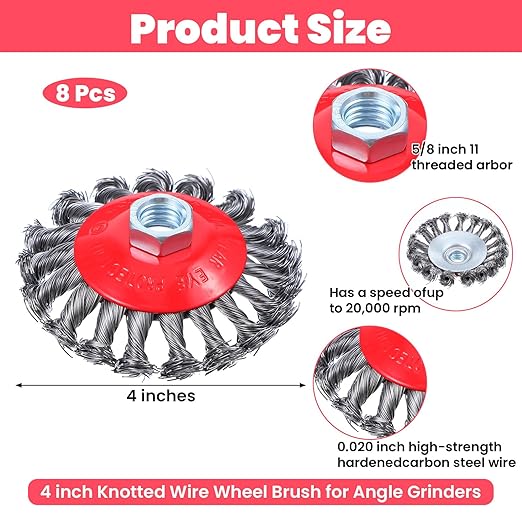 8 Pack 4 Inch Wire Wheels for Angle Grinder, Wire Brush Wheel for 4 1/2 Angle Grinder, Twist Knotted Carbon Steel Angle Grinder Wire Wheel with 5/8" Thread Arbor
