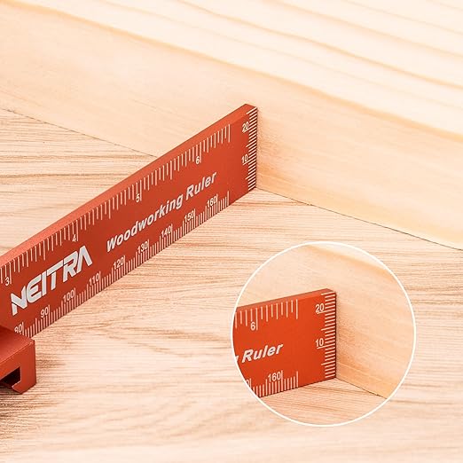 Woodworking Ruler, Neitra 3PCS (6/8/12 Inches) Metal Pocket Rule with a 45° & 30° Slide Stop for Measuring Precision, Slide Stop Aluminum Rule for Marking Inch and Metric T-Type Scribing Rulers Square
