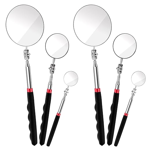 6Pcs Telescoping Mirror, Stainless Steel Extendable Inspection Mirror Telescoping, Telescoping Inspection Mirrors with Long Handle Tool for Technicians, Mechanics, Contractors (Black, Round)