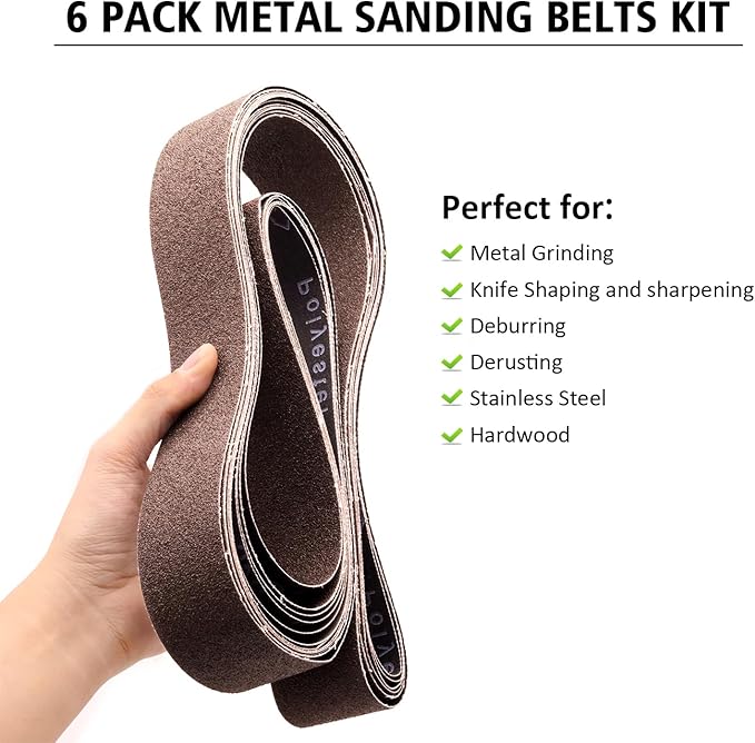 2 x 72 Inch Sanding Belts, 60/80/120/240/400/600 Grit Aluminum Oxide Metal Sanding Belts Assortment, 2x72 Grinding Belts for Knife Sharpening Metal Working, 6 Pack(2x72in)