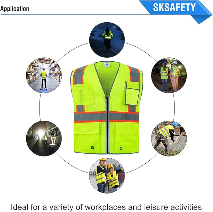 SKSAFETY 10 Pockets Safety Vest, Class 2 High Visibility Security with Zipper Double-sided mesh, Hi Vis Vest with Reflective Strips, ANSI/ISEA Standard, Construction Work Vest （Lime, 2XL）