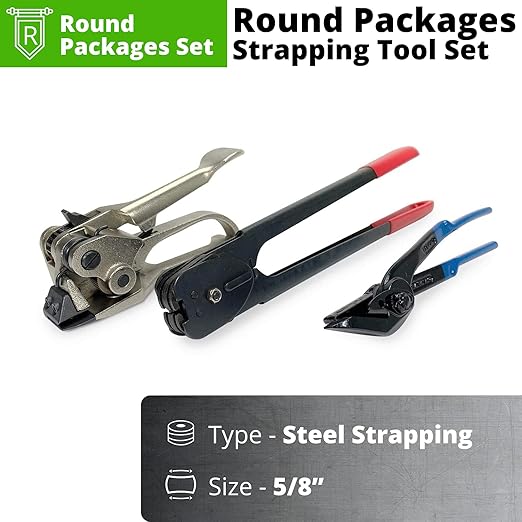 IDL Packaging Round Packages Strapping Tool Set for 5/8" Steel Strapping, 1400 lbs Break Strength – Tensioner, Sealer, Cutter for Metal Banding – Packaging Strapping Tool Kit to Secure Heavy Packages