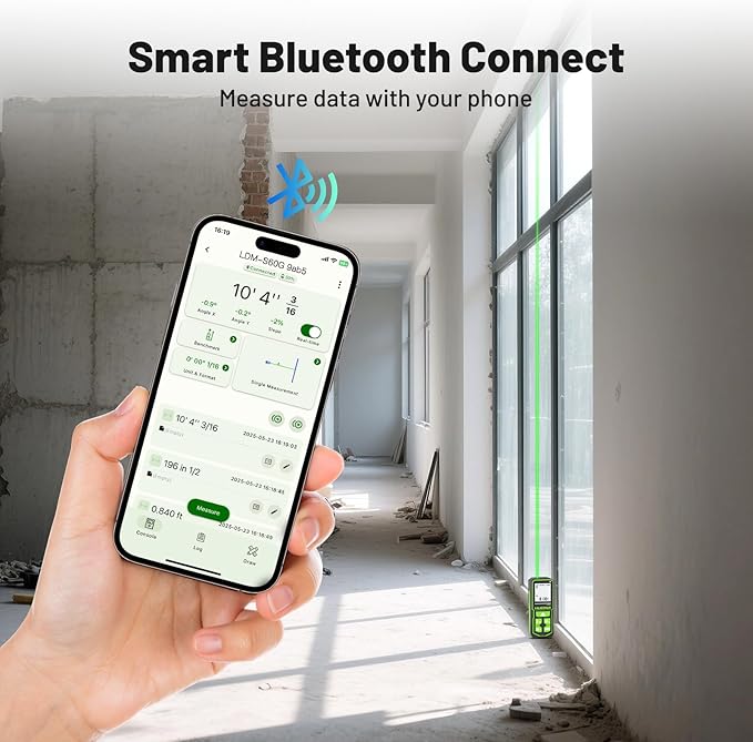 200ft Laser Measuing Tool with Bluetooth APP, Huepar Rechargeable Green Beam Laser Distance Meter ±1/16" High Accuracy, Multiple Measurement Modes, IP54 Durable for Home & Construction