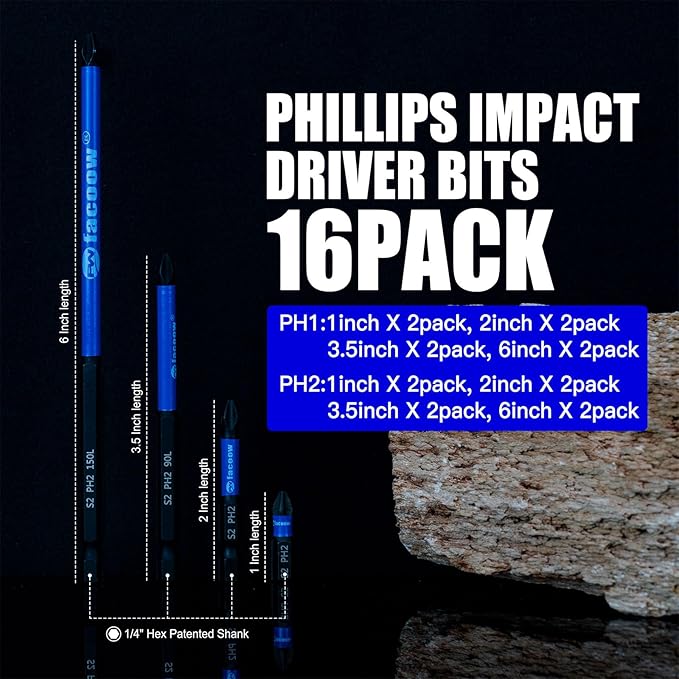 Phillips Impact Driver Bits, #2&1 Phillips Head Magnetic Screwdriver Bits Set, 1”-6“ S2 Steel Impact Bits, 1/4" Hex Shank Screwdriver Drill Bit, CNC Machined ph2 Impact Drill Bits, 16 Pack