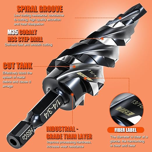 Four Spiral Flute Step Drill Bit for Metal,M35 Cobalt Unibit Step Drill Bit Set 1/4"-3/4"(9 Sizes),Wear-Resistant AlTiN Coated,1/4" Hex Shank for Metal, Stainless Steel, Aluminum, Plastic