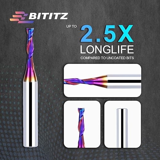 2PCS Upcut Spiral Router Bit 1/4 Inch Shank 1/8 Inch Cutting Diameter 1/2 inch Cutting Length with Extra Long Life Coating CNC Router Bits End Mill for Wood Cutting, Slot Mortise, Engraving