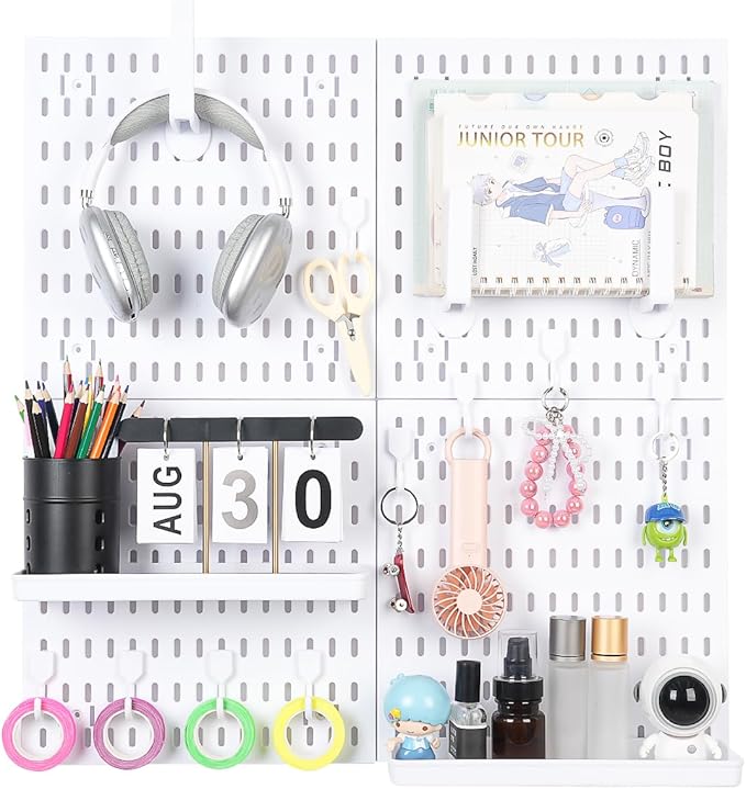Pegboard Wall Organizer Kit – Heavy Duty 20lbs Load Bearing, Easy Installation, 4 Peg Board Panels 14 Accessories – Multi-Surface Use For Garage, Office, Kitchen & Crafts (White Pegboard,24″×24″)