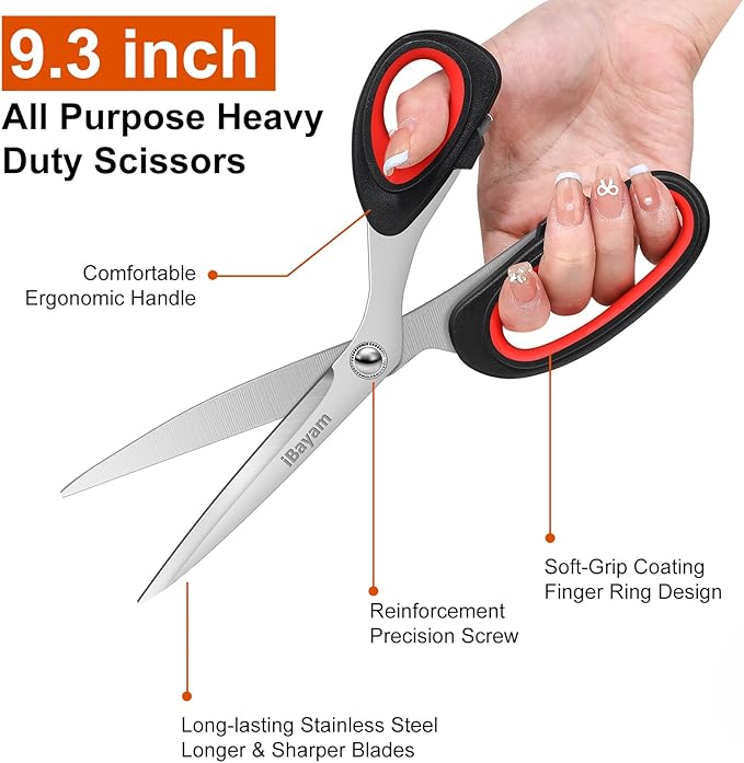 iBayam Scissors All Purpose, 9.3 Inch Scissors Heavy Duty Stainless Steel Shears for Home Household Cutting Fabric Leather, Sewing Shears, Paper Box Cutter, Package Opener, Hand Cutting Tools