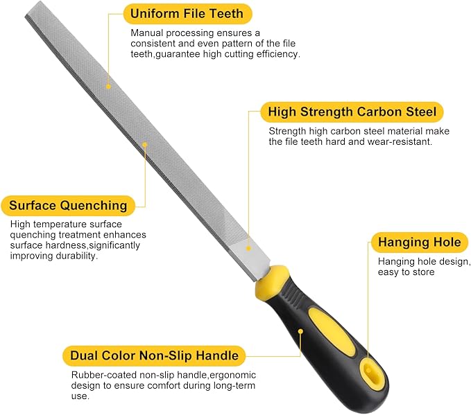 8in Flat Hand Metal File, Total 12in Length, Ergonomic Rubberized Handle, Uniform Teeth, Strength High Carbon Steel, perfect for Long Time Use for Trimming, Sharping Metal, Stone, Wood, etc.