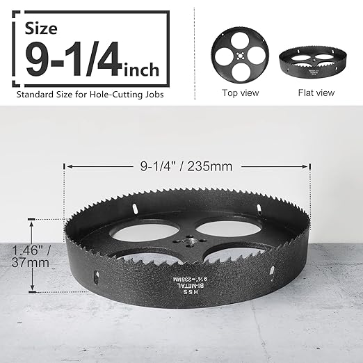 9-1/4 Inch Hole Saw with 1/2" Hex Shank Quick Change Arbor, JTemgle Bi-Metal Hole Saw Heavy Duty Hole Cutting Tool for Cornhole Boards, Recessed Lights, Wood, Plastic, Drywall & Soft Metal