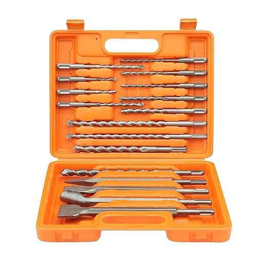 17Pcs SDS Plus Rotary Hammer Drill Bit Set,Concrete Drill Bit Kit with Point Chisel,Flat Chisel,Cross Type Double Thread Carbide Material for Concrete,Bricks,Tiles,Stone and Glass