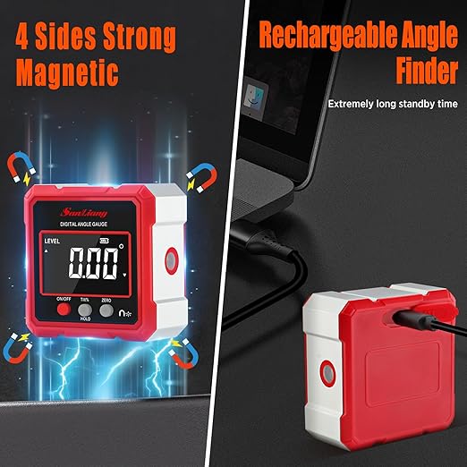 Digital Angle Finder Tool with Electronic Laser，Rechargeable Digital Angle Gauge Digital Level Protractor Inclinometer with 4 Sides Strong Magnetic for Woodworking Tablesaw.