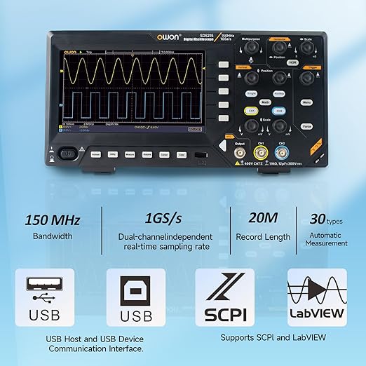 OWON Oscilloscope, 150MHz Bandwidth Dual Channel Digital Oscilloscope 1GSa/s Sample Rate for Each Channel with 7 inch LCD OWON SDS215