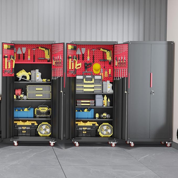 71" Metal Garage Storage Cabinet, Metal Garage Cabinets with Wheels,Tool Storage Cabinet with 5 Adjustable Shelves, Locking Steel Tool Cabinets for Home,Basement,Warehouse