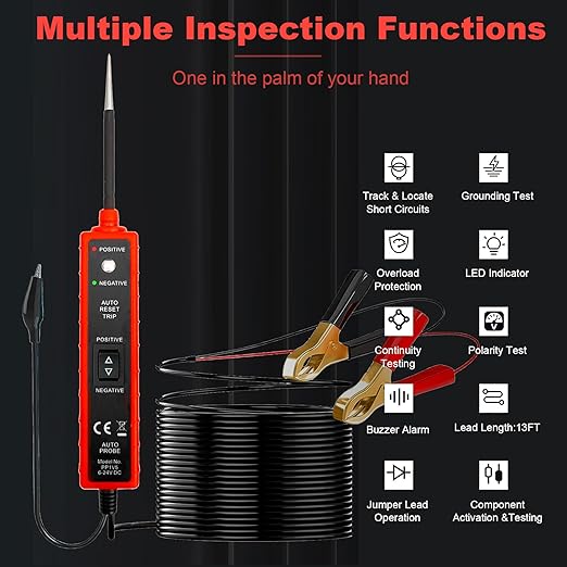 Power Circuit Probe Tester 6V-24V DC Test Light Car Fuse Tester Tool 12V Short Circuit Finder 12V Auto Electrical Tester Kit Component Tester Polarity Identify with Overload Protection,Long Test Lead