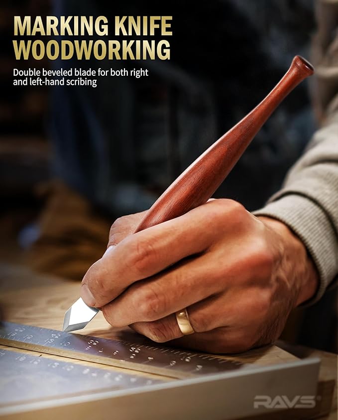 RAVS Double Bevel Striking Marking Knife Woodworking and Leather Sheath, Premium Rosewood Handle Scribing Knife with High Carbon Steel Blade for All Sorts of Wood