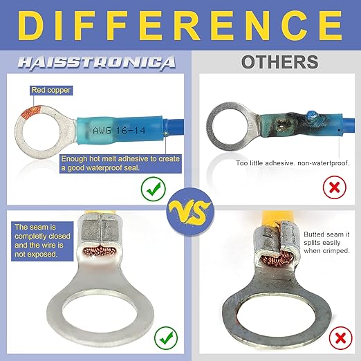 haisstronica 280PCS Marine Grade Heat Shrink Wire Connectors-Electrical Connectors Kit of Tinned Red Copper,Crimp Insulated Ring Fork Spade Butt Splice(3Colors/21Size) 16-14 22-16 12-10 Gauge