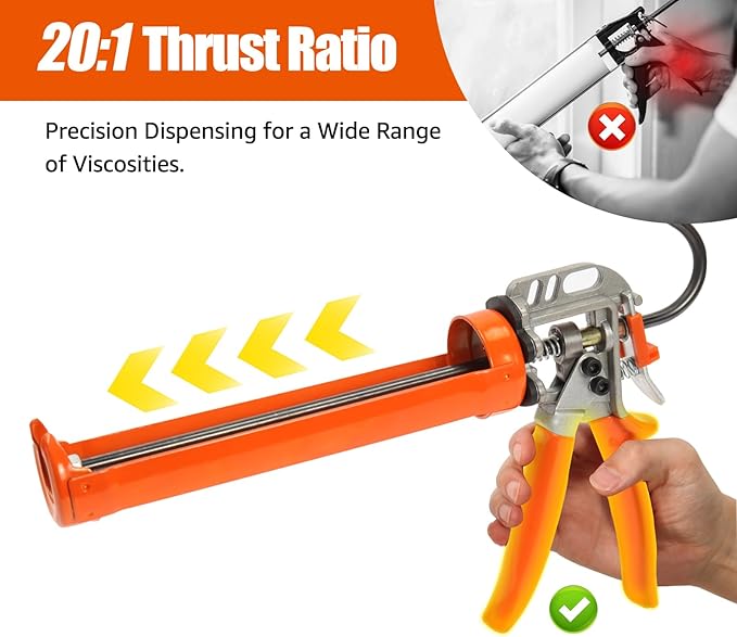 Holothurian Caulking Gun, Caulk Gun No Drip,Sealant Finishing Tool Grout Scraper for Kitchen Bathroom Window Sink Joint, 1/10 Gallon Cartridge, 20:1 Thrust Ratio