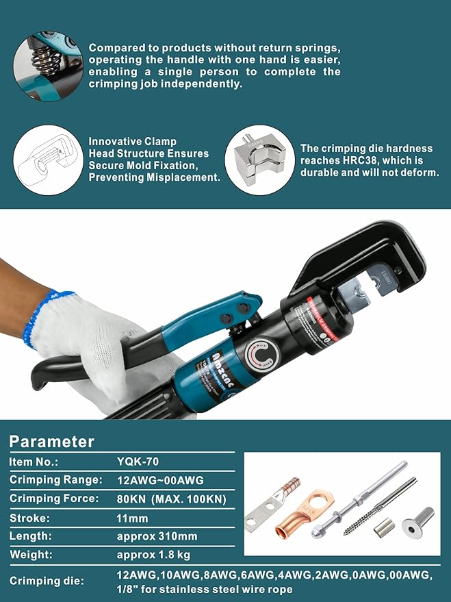 Hand Operated Hydraulic Crimping Tool Range 12 AWG-2/0 AWG for Cable lugs Hydraulic Crimping Crimper Wire Terminal Lug Tool with 9 Pairs Dies