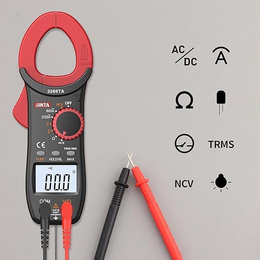 BINTA Digital Clamp Meter, Multimeter 2000 Counts with Auto Range NCV TRMS, 600A AC Amp clamp multimeter with Ohm Measures, Capacitance Resistance Diodes, 2PCS Alligator Clips