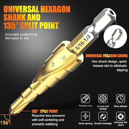 M2 Step Drill Bit Set 3/16"-1/2",1/4" Hex Shank Unibit Step Drill bit,Spiral Grooved for Faster Drilling, Step Bits for Stainless Steel, Wood, Aluminum, Plastic, 6 Step Sizes Taper Drill bit Set