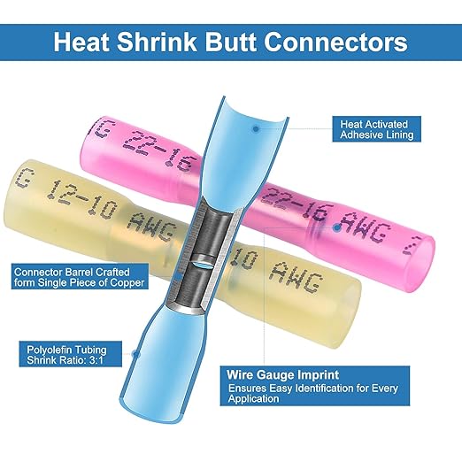 540PCS Heat Shrink Wire Connectors,Electrical Terminals Kit,Waterproof,Automotive Marine Electrical Terminals Kit,Ring Fork Hook Spade Butt Splices,Tinned Red Copper,22-16,22-16,22-16 (540pcs)