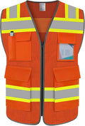 TCCFCCT High Visibility Vest 5 Pockets Mesh Reflective Safety Vest for Men Women, Hi Vis Work Vest with Reinforced Zipper and Fluorescent Orange Edge, Durable to Use, Meets ANSI/ISEA, DW-Orange, 2XL
