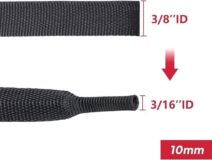 Black 2:1 Ratio Automotive Heat Shrink Braided Sleeving,Wear-Resistant Flat Woven Shrinkable Sleeve Fabric Car Cable Wires Hoses Protection (3/8"-35ft)