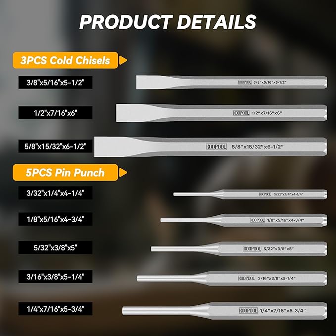 Punch and Chisel Set Heavy Duty, 16pcs CR-V Steel 5 Taper Punch，3 Cold Chisel, 2 Center Punch, 5 Pin Punch Set with Roll-Up Pouch for Metal, Wood, and Automotive Projects（16pcs）