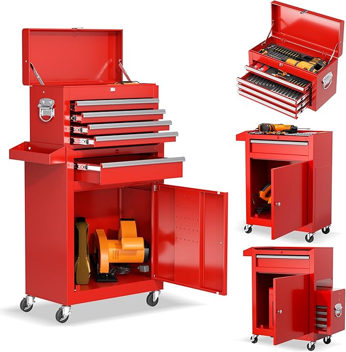 Crownland 5-Drawer Rolling Tool Chest with Wheels, Lockable 2 in 1 Detachable Tool Cabinet wit Drawers and Black Liners, Garage Top Toolbox & Bottom Storage Cart with Side Hooks(Red)