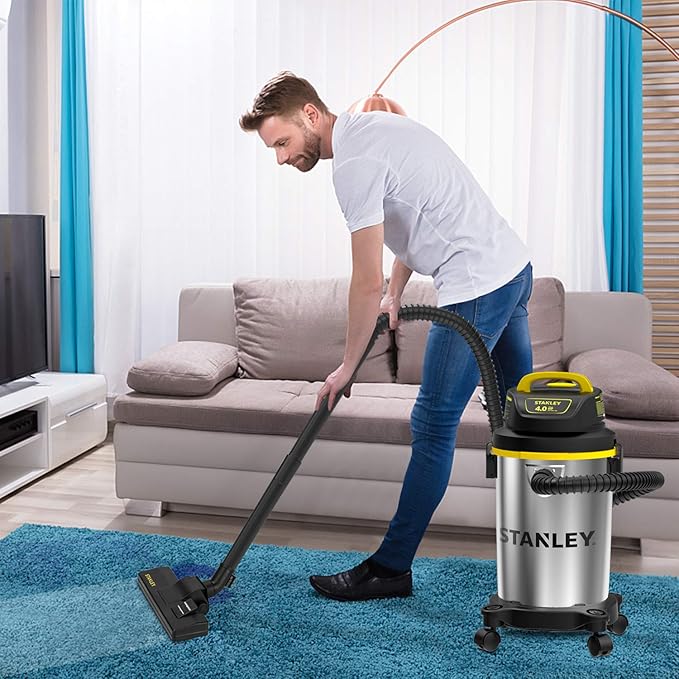 STANLEY Wet Dry Vacuum 4 Gallon, 4 Peak HP Shop Vacuum Portable Stainless Steel Multifunction for Job Site, Garage, Basement, Workshop
