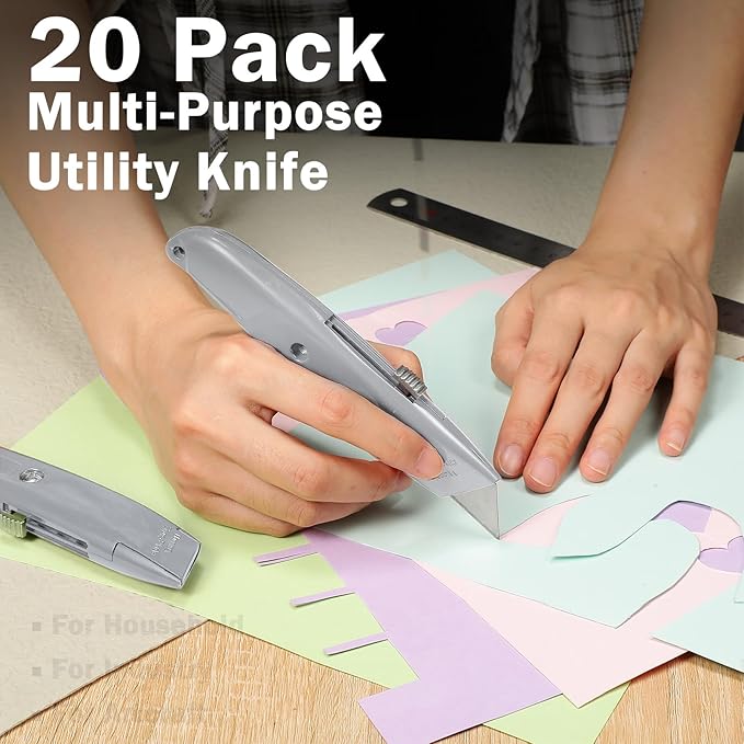 Reginary 20 Pcs Box Cutter Bulk Retractable Utility Knife Heavy Duty Aluminum Alloy Razor Knife for Cardboard Box Carton Opener for DIY, Factory, Home Office(Silver)