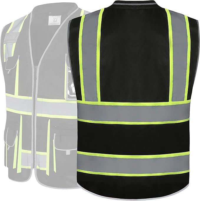 JKSafety 10 Pockets Hi-Vis Zipper Front Black Safety Vest | Cushioned Collar | High Reflective Tapes with Extended Neon Yellow Strips | Meets ANSI/ISEA Standards (XX-Large, 89-Black)