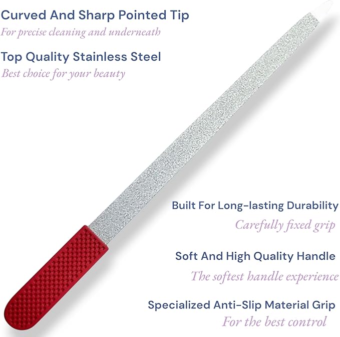 Professional Sapphire Ruby Red Nail File – 6.7" Stainless Steel, Double-Sided Metal File, Ergonomic Non-Slip Handle, for Natural, Gel, Acrylic Nails, Manicure & Pedicure Tool