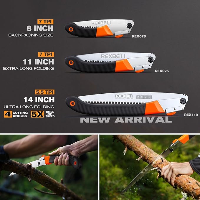 REXBETI Folding Saw, 14 Inch Blade for Dry Wood Trimming and Pruning, 4 Cutting Angles, SK-5 Steel