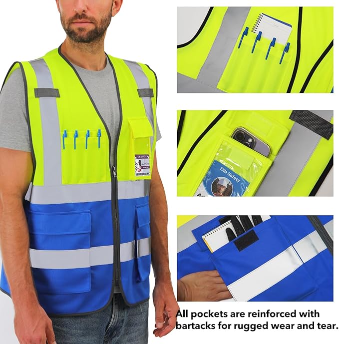Dib Safety Reflective Vest High Visibility with Pockets and Zipper, Yellow and Blue XL