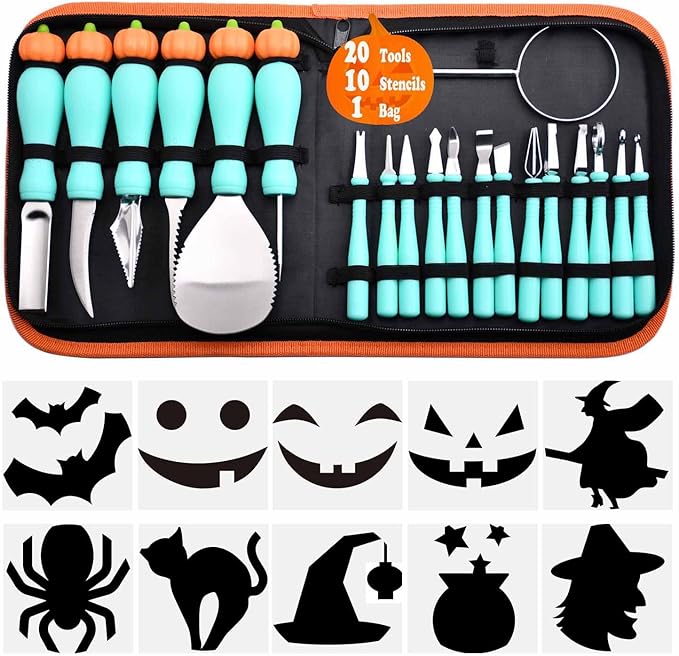 Pumpkin Carving Kit Heavy Duty Stainless Steel Tools with Carrying Case (Total 31 Pieces) Pumpkin Carver Pumpkin Sculpting Set Halloween Party Decorating with pumpkin gutter (Light cyan)