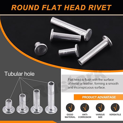 201Pcs 5 Sizes M5 Aluminum Flat Head Semi Tubular Rivets Assortment Kit with Punch, Partial Hole Tubular Rivets Round Flat Head Semi Tubular Rivet Silver Tone for Household Industry Repairing