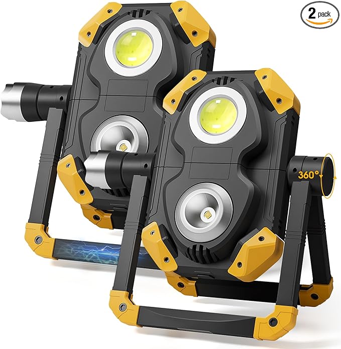 Samyoung 2 Pack Magnetic 2500 LM Rechargeable Work Light, 10 Hours Long Lasting 360° Rotating LED Work Light Folding Waterproof for Job Site Car Inspection Camping Emergency