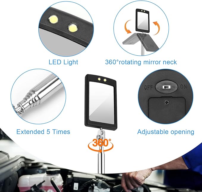 2 Pieces Telescoping Inspection Mirror, Round and Square LED Lighted Flexible Tool for Checking Vehicle, Mechanic Automotive Mirror