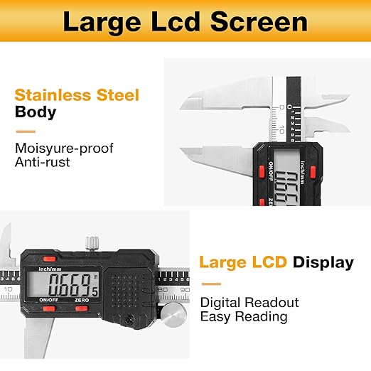 Digital Caliper Measuring Tool, Micrometer Caliper,Stainless Steel Vernier Caliper with Large LCD Screen,Easy Switch, 6 inch,Inch and Millimeter Conversion