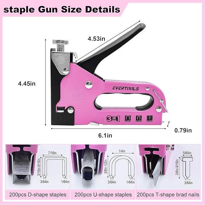 3 in 1 Staple Gun, Women Pink Manual Stapler with 600 Staples, for Wood, Cable, Crafts, Fabric, Decoration, Carpentry, Furniture, Material Repair and DIY.