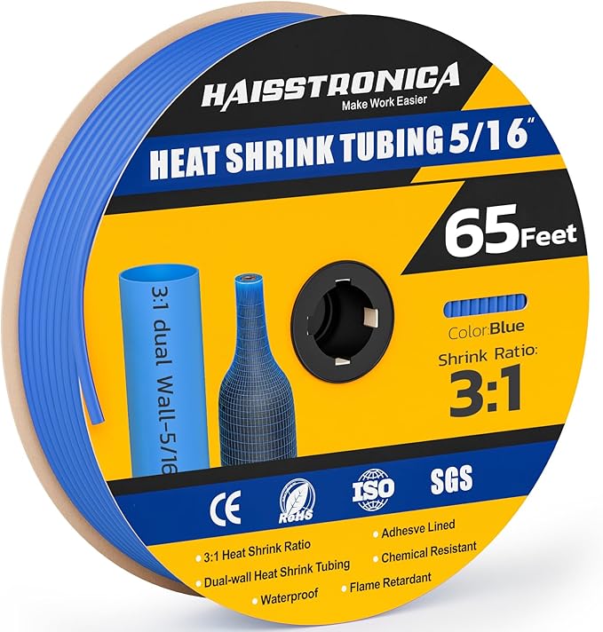 haisstronica 3:1 Heat Shrink Tubing, Shrink Ratio Adhesive Lined Marine Grade Heat Shrink Tube for Home, Automotive and Industrial (Blue) 65FT 5/16inch