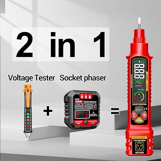 Non Contact Voltage Tester Outlet Receptacle Detector Dual Range AC 2-440V,50Hz-60Hz Live/Neutral Wire Tester with LCD Display,Breakpoint Finder,Light Fuse Checker,Circuit Polarity Wall Plug Tool(Red)
