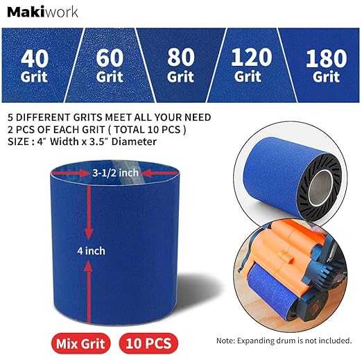 Zirconium Grinding Belt Sleeve, 3.5" Diameter x 4" Width Mix Grit Metal Grinder Tool Attachment, 10 Pcs (2 Each of 40/60/80/120/180 Grit), Expanding Drum not Included