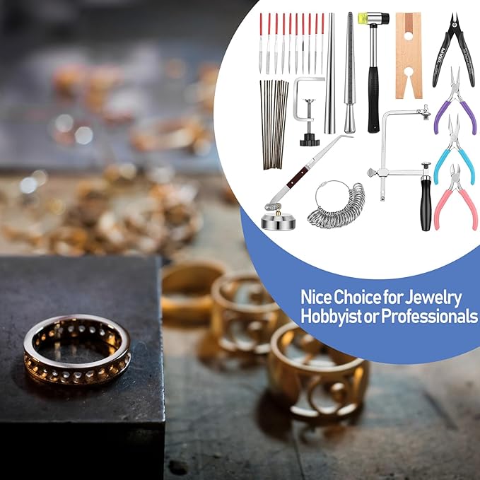 Chumia Jewelers Tools Set Including Jeweler's Saw Frame 144 Blades Third Hand Tweezers Wooden Pin Clamp Multipurpose Needle File Wooden Ring Clamp Ring Sizer Mandrel Measuring Tool Mallet Hammer